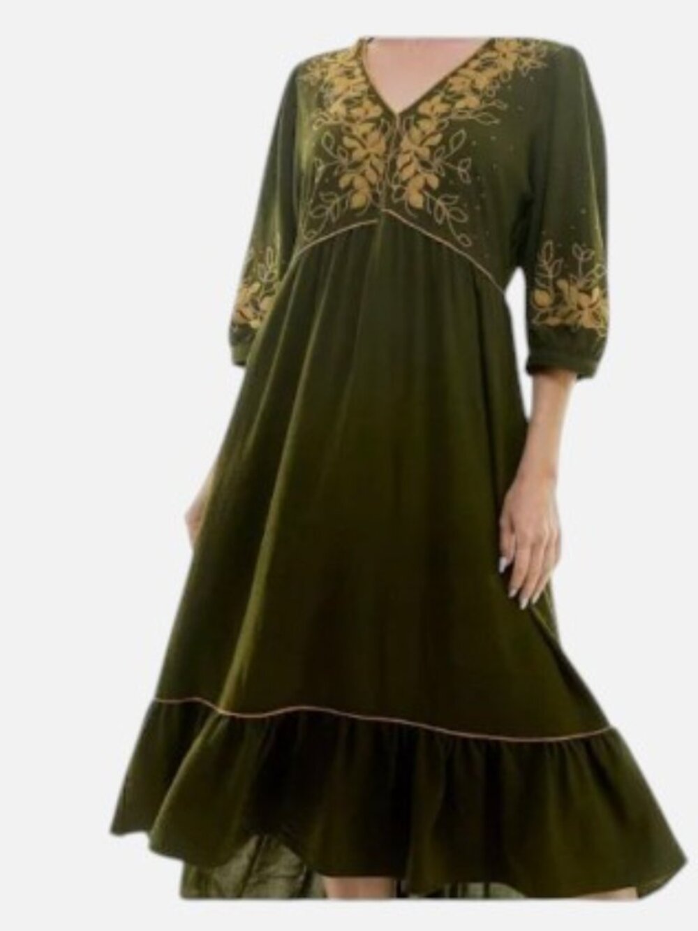 Figueroa & Flower Boho Olive Green Gold Floral Embroidery Midi Dress 2X Plus Sz